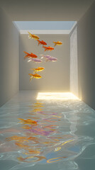 Surreal Interior with Goldfish Swimming Above Flooded Floor in Sunlight