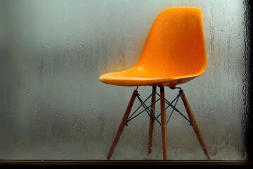 Mid-century Modern Orange Chair Behind Steamy Frosted Glass Window