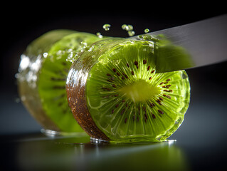 Slicing Fresh Kiwi Fruit with Knife and Water Splash Macro