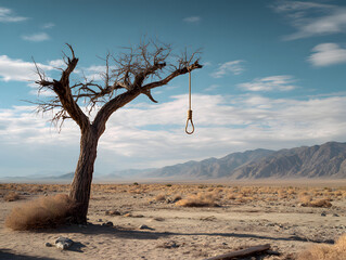 Lone Dead Tree with Hanging Rope Noose in Desolate Desert