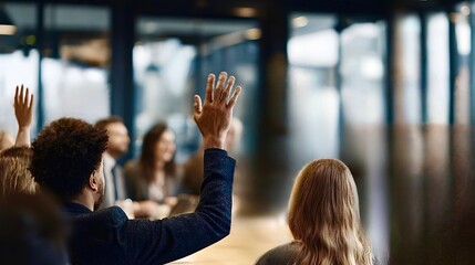 Business professionals raising hands during corporate meeting voting