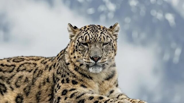 Majestic snow leopard on rocky summit with magnificent mountain backdrop