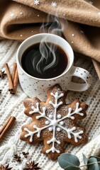 Steaming coffee cup with snowflake gingerbread cookie and cozy scarf