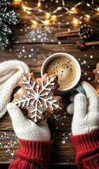 Hands in gloves holding snowflake cookie and coffee on wooden table