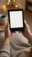 E-reader mockup in cozy reading nook. Blank screen template with warm home atmosphere for seniors