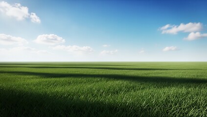 Fototapeta premium Vast green meadow under a clear blue sky with scattered white clouds and long shadows