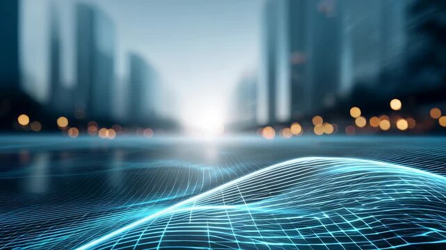 A dynamic blue grid wave flows across a city background, symbolizing data connectivity and urban innovation. This image represents the future of smart cities and digital infrastructure