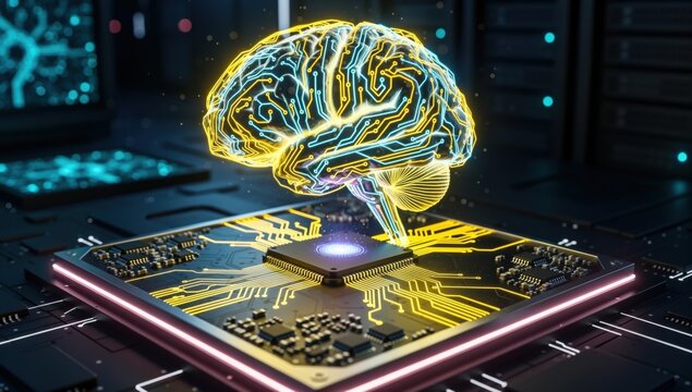 Digital brain hologram glowing above a futuristic computer processor on a circuit board