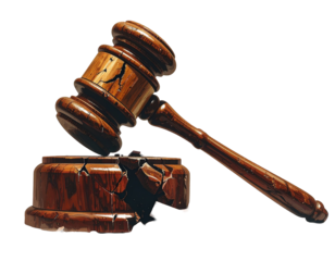 Judge gavel cracked in half, legal system under pressure, white background