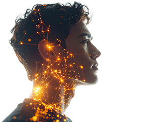 Human silhouette with glowing data nodes, digital future concept, white background