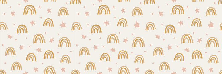 Boho rainbow pattern with pastel colors creates a seamless nursery background. Cute Scandinavian design features whimsical shapes, perfect for kids wallpaper and rainbow decor.