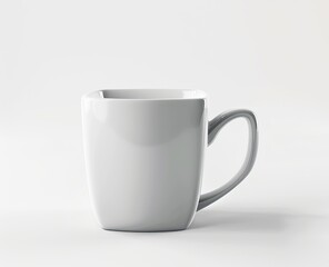 A square-shaped white ceramic mug with a gray handle, placed on a white background