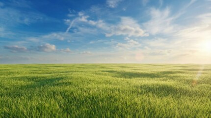 Fototapeta premium Vast green meadow under a bright blue sky with fluffy white clouds and warm sunlight