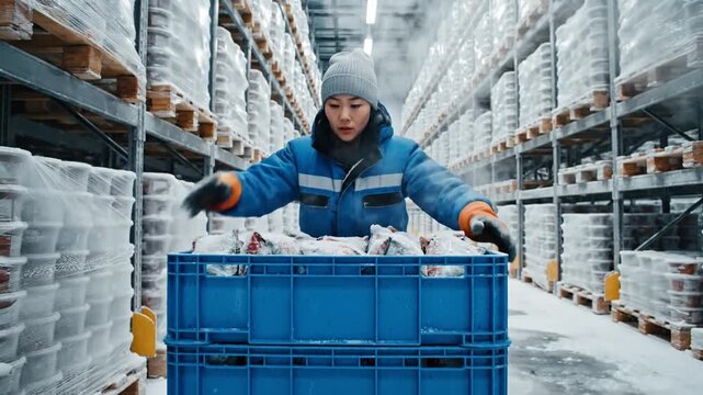 Worker in cold storage warehouse with frozen fish, ice vapor