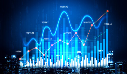 Dynamic financial data visualization featuring colorful graphs and charts over a city skyline. Ideal for illustrating growth, analysis, and business success. Scalp