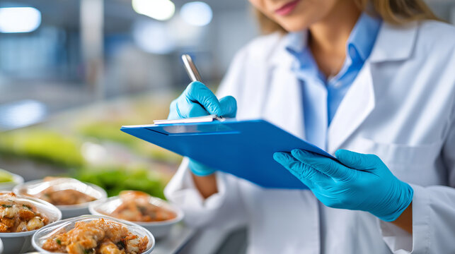 Quality control worker inspecting display, packaged seafood lab coat gloves, clipboard hand food safety, visualization quality assurance concept, with copy space