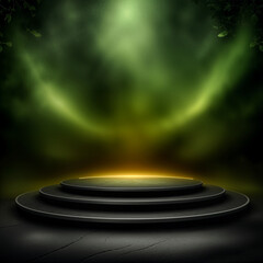 Futuristic Dark Round Podium with Green Mist and Spotlight created with Generative AI Technology, ai, generative