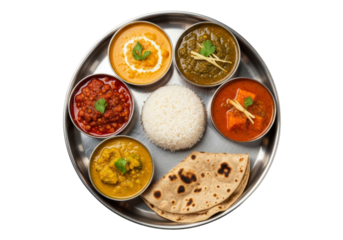 traditional indian thali with rice, roti, and colorful curries on a metal plate