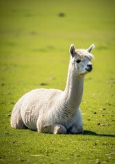Obraz premium Fluffy domesticated alpaca resting peacefully in an open pasture. The animal's soft fiber coat is visible and textured, nature, herbivore, alert