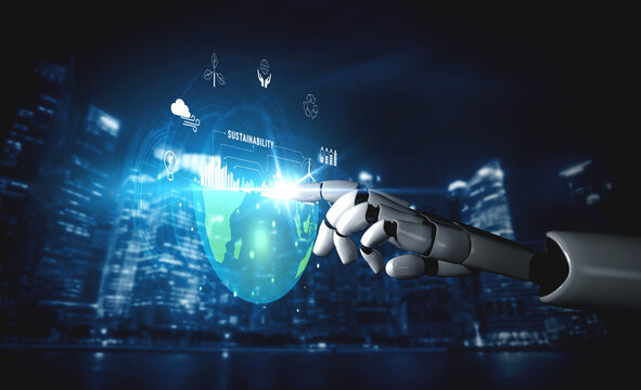 The concept of using AI for sustainability and green energy management. An AI vision for a smart city with renewable resources and a clean ecosystem. Motif