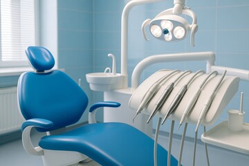 Dental chair and professional equipment in modern clinic forming bright clean dentistry background