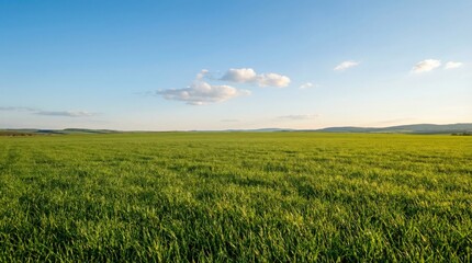 Obraz premium Vast green field under a clear blue sky with scattered white clouds and distant rolling hills