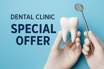 Dental clinic promotional banner Dentist holding white tooth model and mirror on blue background with space for text