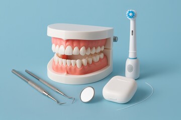 Dental tools and model on blue background representing dental hygiene background concept