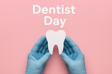 Dentist Day theme Gloved hands holding tooth cutout on pink background promoting dentistry awareness