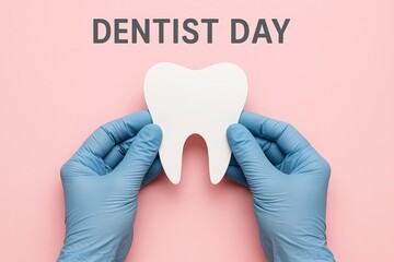 Dentist Day theme Gloved hands holding tooth cutout on pink background promoting dentistry awareness