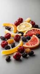 Vibrant assortment of candied citrus peel, dried cherries, and raisins, essential ingredients for rich, traditional fruitcake preparation, glaze, delicious, gourmet