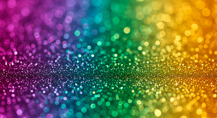 Vibrant rainbow glitter bokeh background with sparkling lights and a soft focus effect