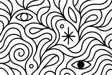 Fototapeta premium Abstract black and white line art with eyes and swirling patterns