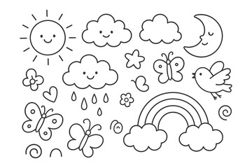 Obraz premium Cute black and white doodle of sun, moon, clouds, rainbow, butterflies, and bird