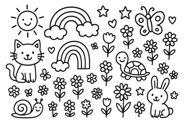 Cute cartoon nature scene with animals, flowers, and rainbows