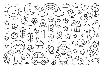 Obraz premium Black-and-white children's doodle with alphabet, numbers, animals, and nature elements