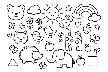 Obraz premium Cute animal doodles with sun, rainbow, and nature elements