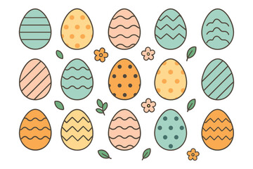 Colorful easter eggs and floral patterns on white background