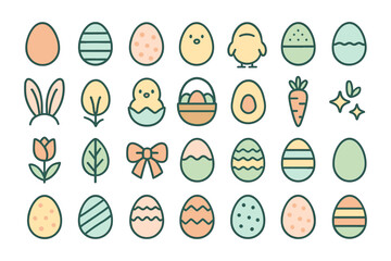 Colorful easter egg and spring icon set with chick, basket, and bunny elements