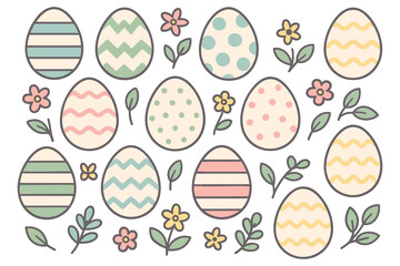 Pastel easter eggs and flowers pattern with leaves and dots