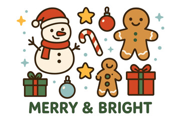 Fototapeta premium Festive snowman and gingerbread with holiday decorations on a merry & bright background