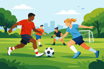 Obraz premium Diverse kids engaged in outdoor soccer game in park setting