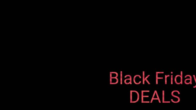 Bold red text Black Friday DEALS pulses and centers on black background with subtle texture. Ideal for e-commerce ads, social media promos, or retail video banners.