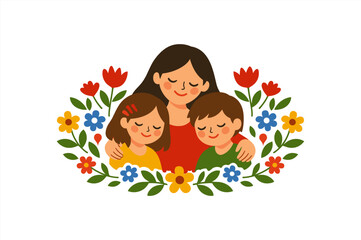 Fototapeta premium Caucasian female adult with children embracing surrounded by colorful flowers