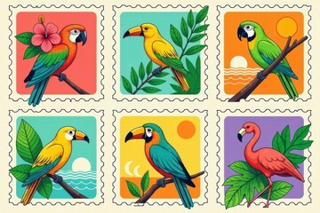 Obraz premium Tropical Birds Vintage Stamp Set: Parrots, Flamingos Illustration