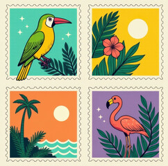 Fototapeta premium Tropical Birds Vintage Stamp Set: Parrots, Flamingos Illustration