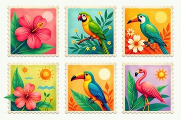Fototapeta premium Tropical Birds Vintage Stamp Set: Parrots, Flamingos Illustration
