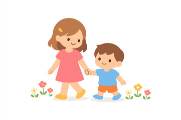 Cute cartoon kids walking with flowers: girl and boy in nature