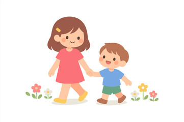 Obraz premium Smiling cartoon children walking among flowers in spring