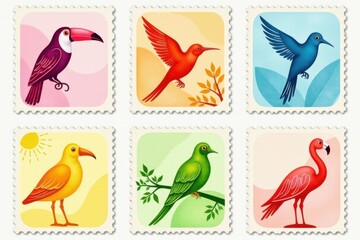 Obraz premium Tropical Birds Vintage Stamp Set: Parrots, Flamingos Illustration